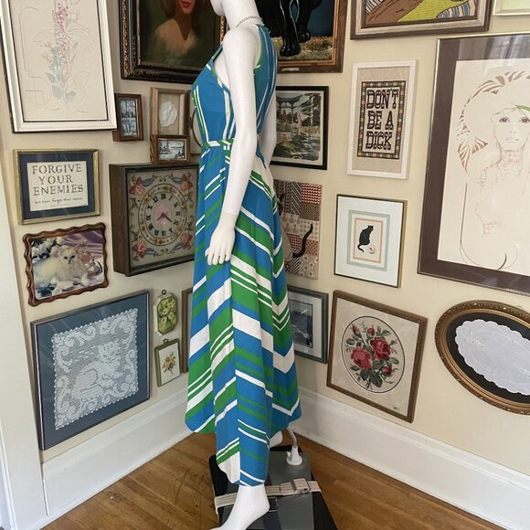 Vintage 1970s Malia Blue & Green Striped Cotton Maxi Dress with Built In Bra S - Picture 3 of 8